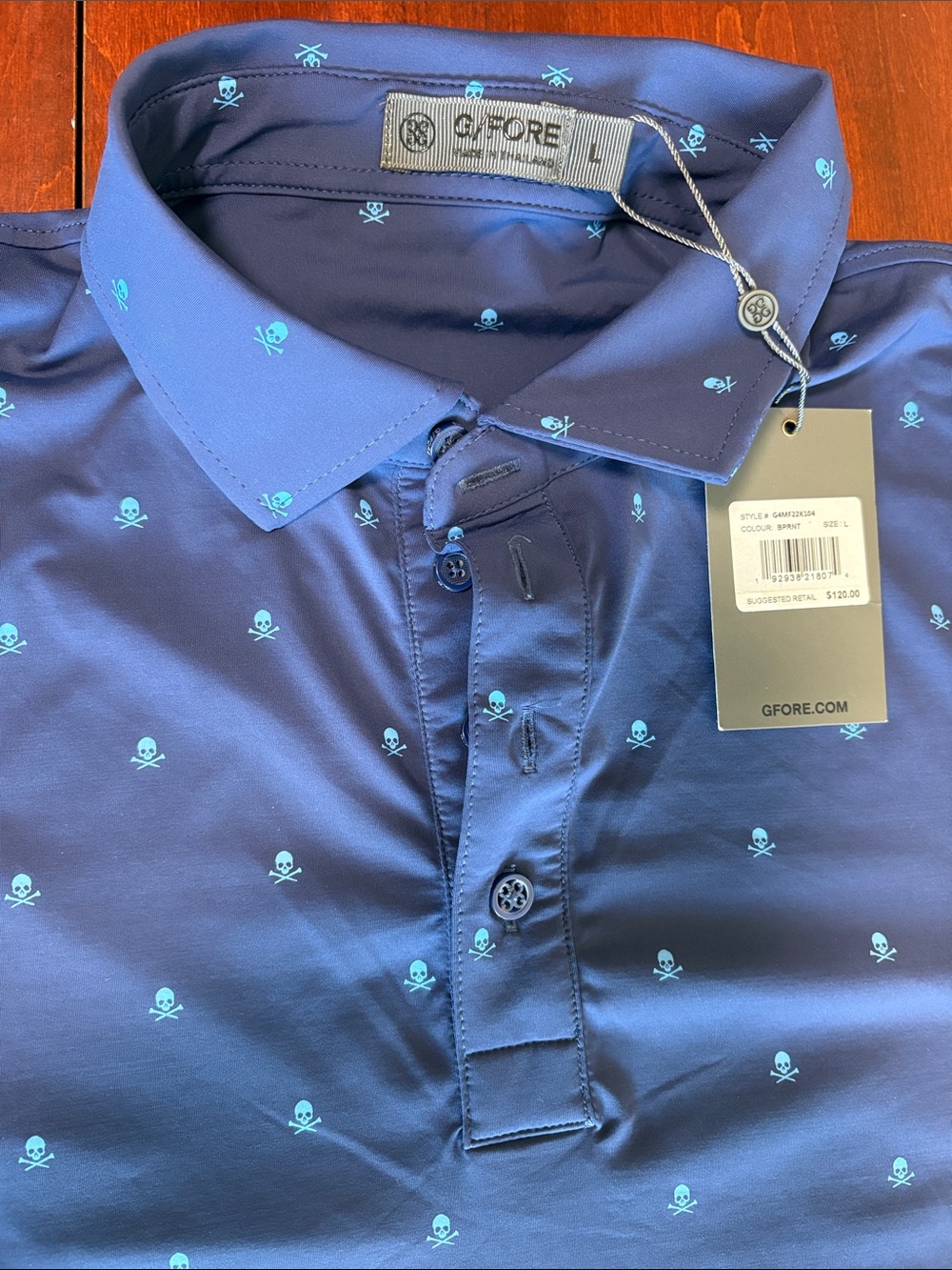 G/FORE Navy Polo with Light Blue Micro Skull Print Sz L New